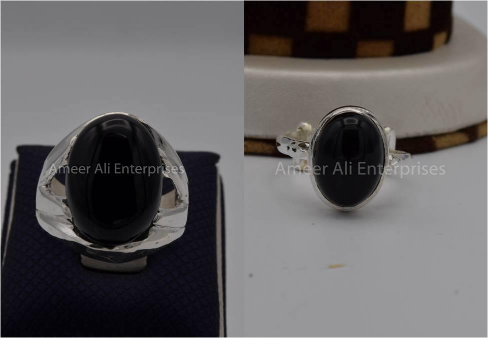 Silver Couple Rings: Pair 31,  Stone: Black Aqeeq (Agate) - AmeerAliEnterprises