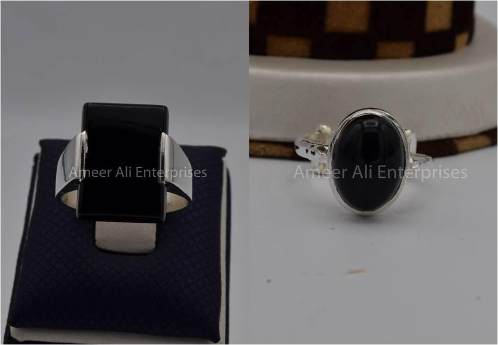 Silver Couple Rings: Pair 26,  Stone: Black Aqeeq (Agate) - AmeerAliEnterprises