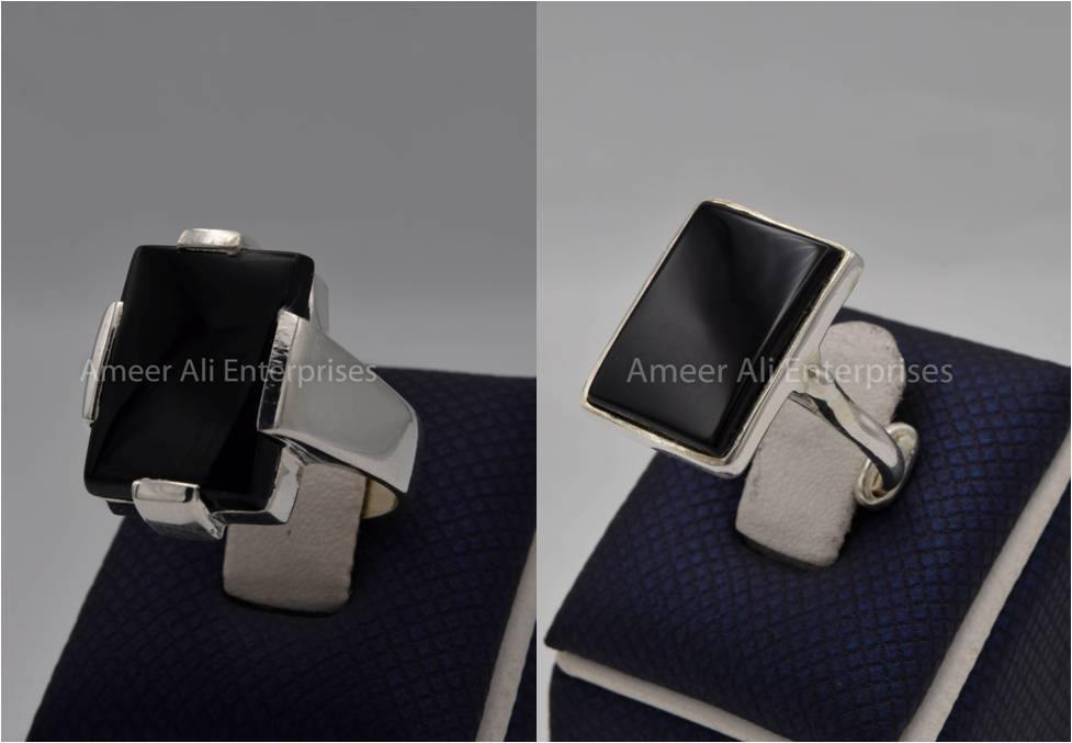 Silver Couple Rings: Pair 87,  Stone: Black Aqeeq (Agate) - AmeerAliEnterprises