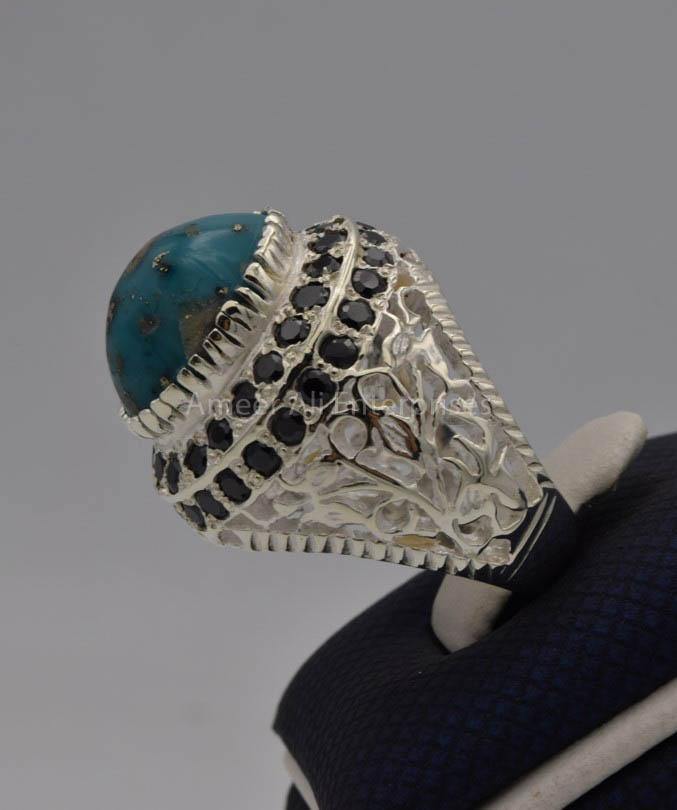 AAE 7725 Chandi Ring 925, Stone: Shajri Feroza (Turquoise) - AmeerAliEnterprises