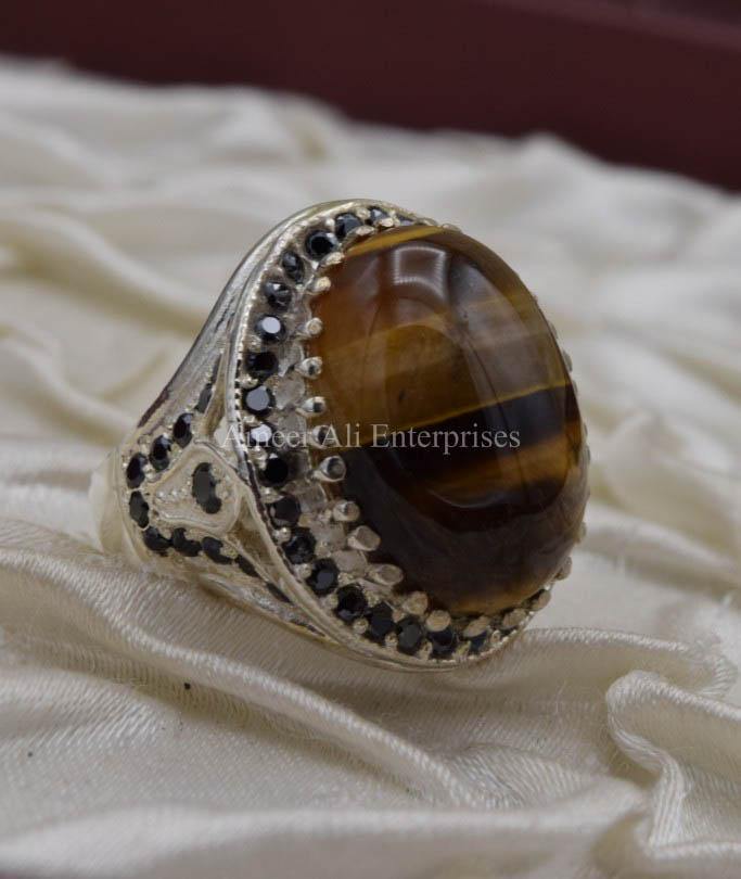 AAE 0532 Chandi Ring 925, Stone: Tiger's Eye - AmeerAliEnterprises