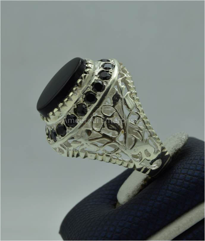 AAE 6679 Chandi Ring 925, Stone: Black Aqeeq