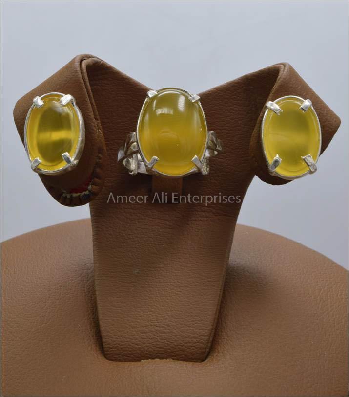 AAE 5890 Chandi Set 925, Stone: Yellow (Zard) Aqeeq - AmeerAliEnterprises
