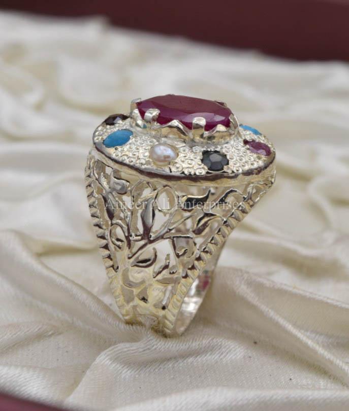 AAE 0550 Chandi Ring 925, Stone: Navratan (Nine Original Stones) - AmeerAliEnterprises