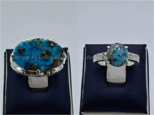 Silver Couple Rings: Pair 126,  Stone: Shajri Feroza - AmeerAliEnterprises