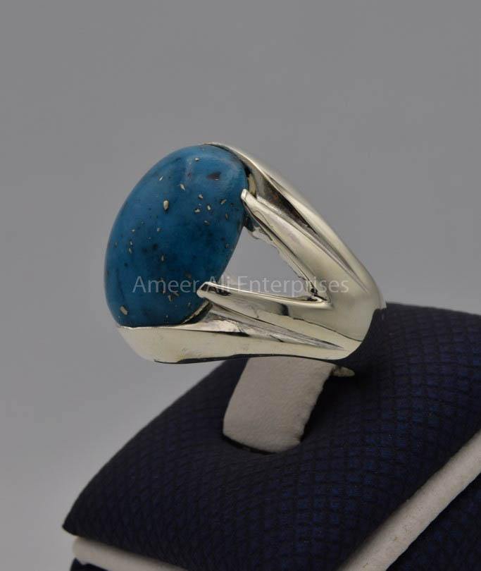 AAE 7744 Chandi Ring 925, Stone: Shajri Feroza (Turquoise) - AmeerAliEnterprises