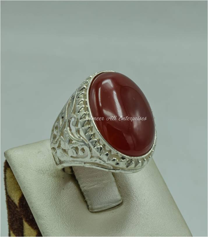 AAE 6157 Chandi Ring 925, Stone: Red Aqeeq - AmeerAliEnterprises
