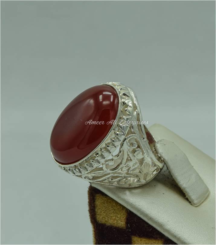 AAE 6157 Chandi Ring 925, Stone: Red Aqeeq - AmeerAliEnterprises