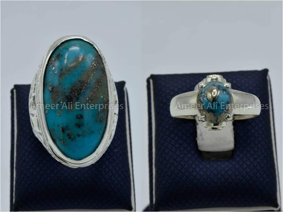 Silver Couple Rings: Pair 123,  Stone: Shajri Feroza - AmeerAliEnterprises