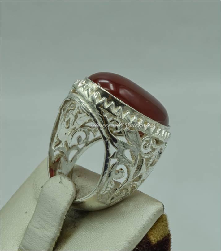 AAE 6157 Chandi Ring 925, Stone: Red Aqeeq - AmeerAliEnterprises