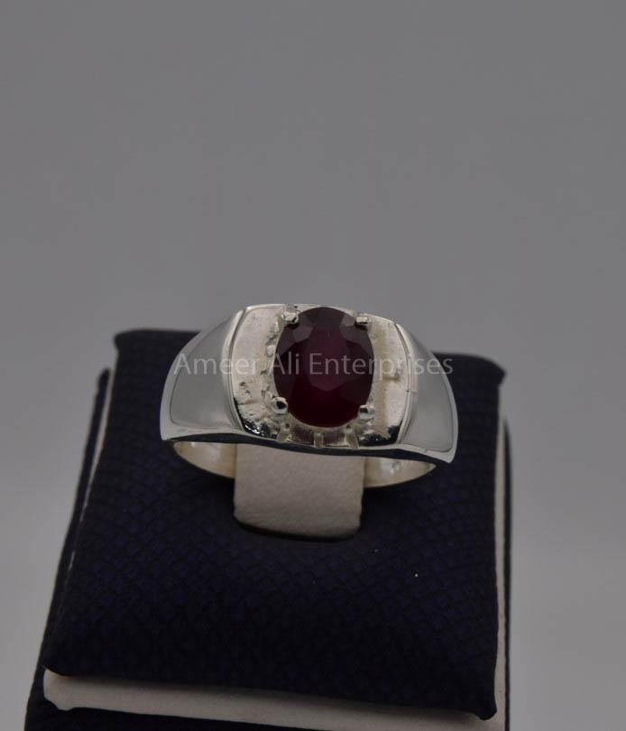 AAE 7718 Chandi Ring 925, Stone: Ruby ( Yaqoot ) - AmeerAliEnterprises