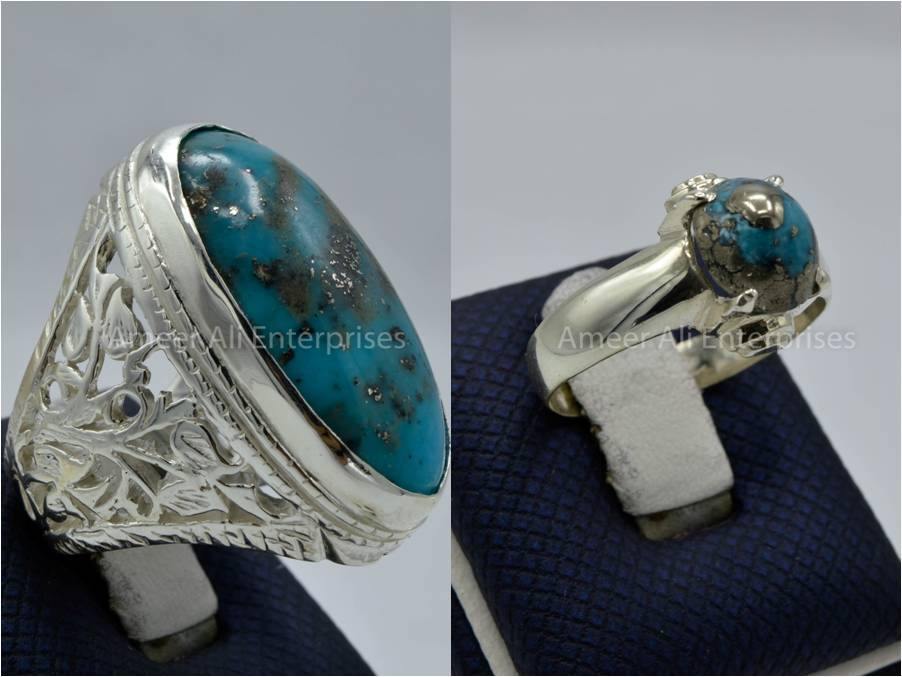 Silver Couple Rings: Pair 123,  Stone: Shajri Feroza - AmeerAliEnterprises