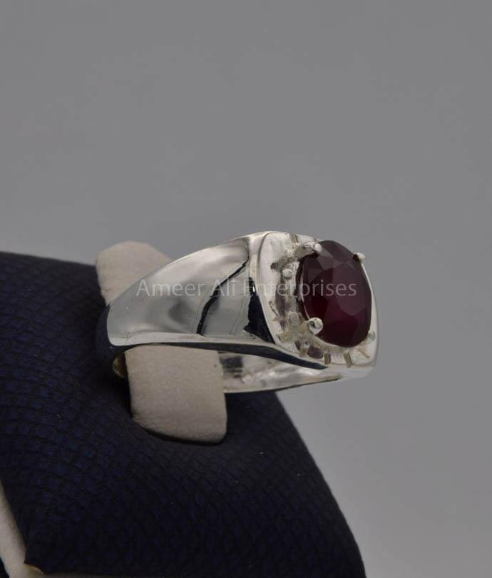 AAE 7718 Chandi Ring 925, Stone: Ruby ( Yaqoot ) - AmeerAliEnterprises