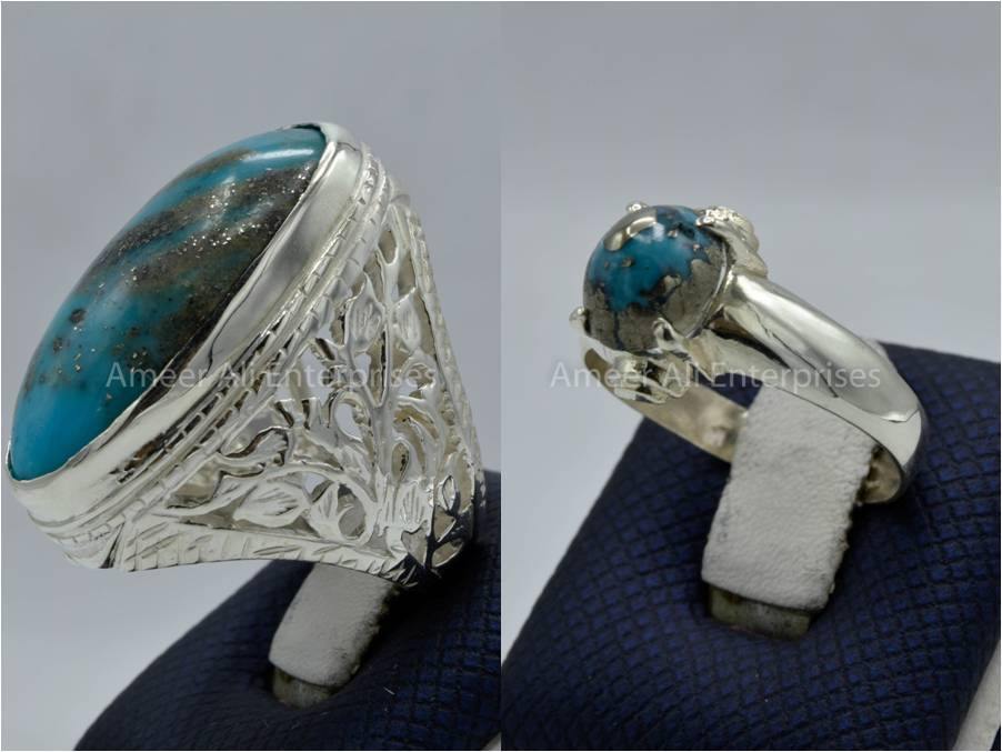 Silver Couple Rings: Pair 123,  Stone: Shajri Feroza - AmeerAliEnterprises