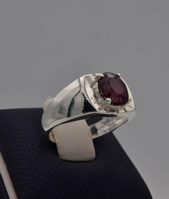 AAE 7718 Chandi Ring 925, Stone: Ruby ( Yaqoot ) - AmeerAliEnterprises