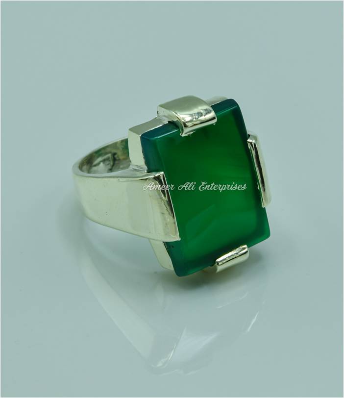 AAE 6762 Chandi Ring 925, Stone: Green Aqeeq