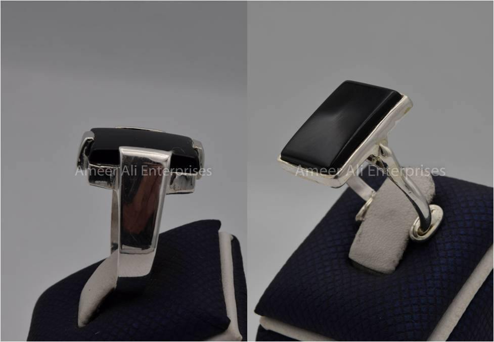 Silver Couple Rings: Pair 87,  Stone: Black Aqeeq (Agate) - AmeerAliEnterprises