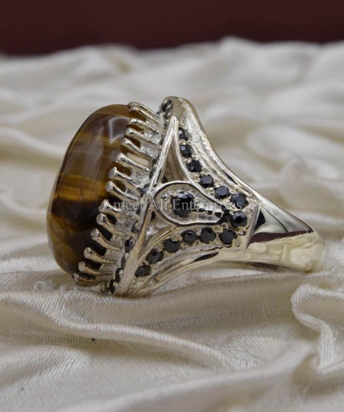 AAE 0532 Chandi Ring 925, Stone: Tiger's Eye - AmeerAliEnterprises