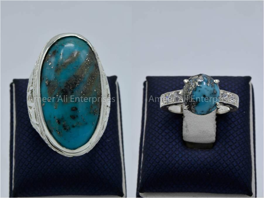 Silver Couple Rings: Pair 122,  Stone: Shajri Feroza - AmeerAliEnterprises