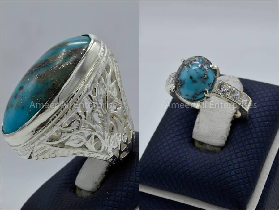 Silver Couple Rings: Pair 122,  Stone: Shajri Feroza - AmeerAliEnterprises