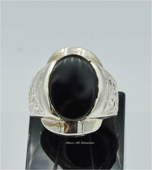 AAE 6239 Chandi Ring 925, Stone: Black Aqeeq