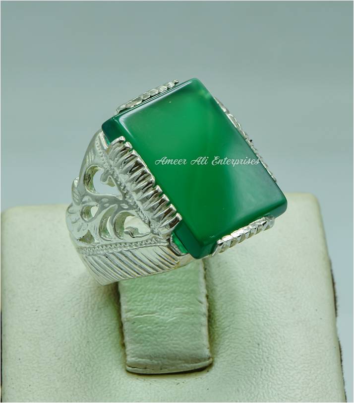 AAE 6764 Chandi Ring 925, Stone: Green Aqeeq