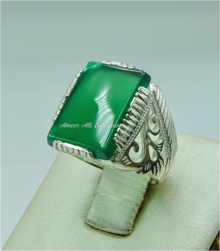 AAE 6764 Chandi Ring 925, Stone: Green Aqeeq