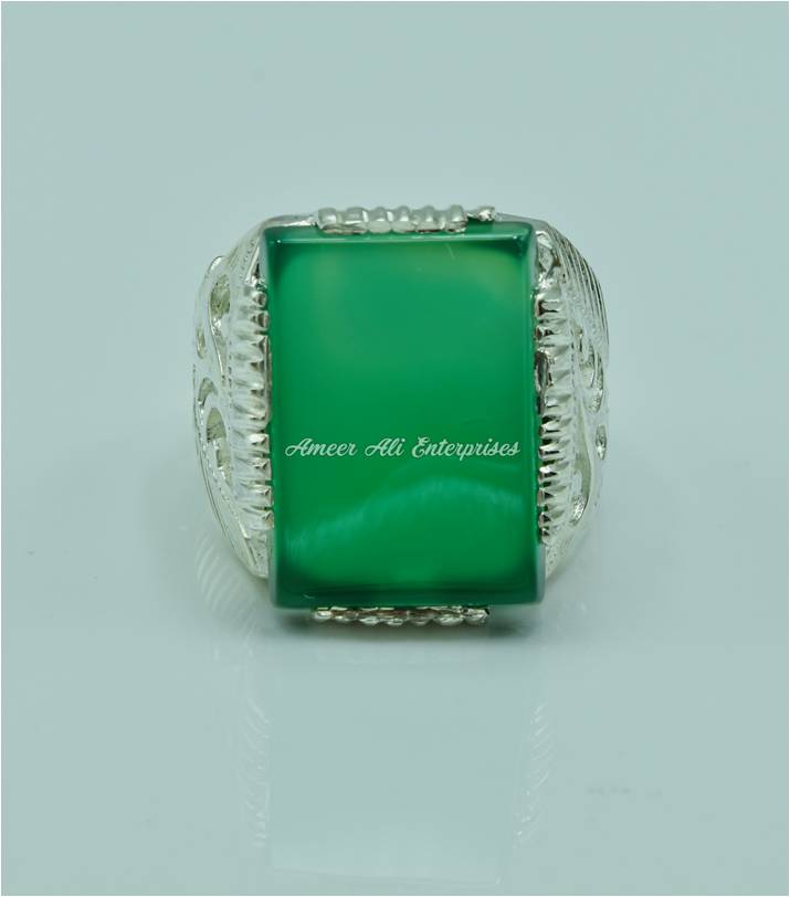 AAE 6764 Chandi Ring 925, Stone: Green Aqeeq