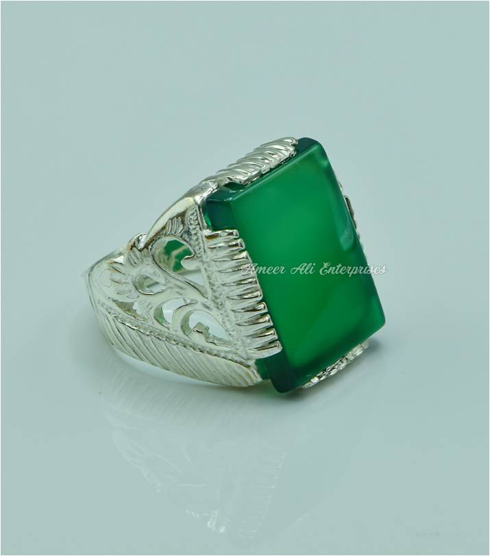 AAE 6764 Chandi Ring 925, Stone: Green Aqeeq
