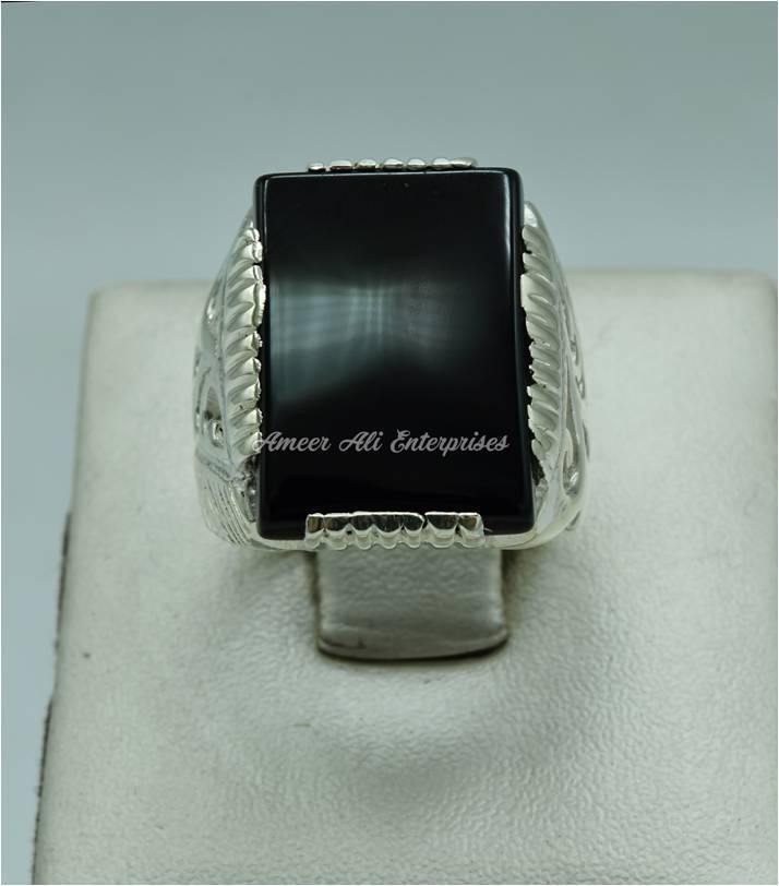 AAE 9901 Chandi Ring 925, Stone: Black Aqeeq - AmeerAliEnterprises