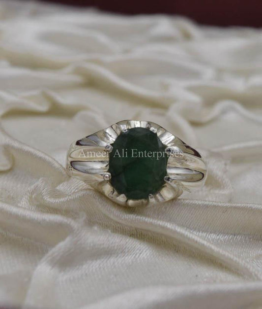 AAE 1565 Chandi Ring 925, Stone Emerald (Zamurd) - AmeerAliEnterprises