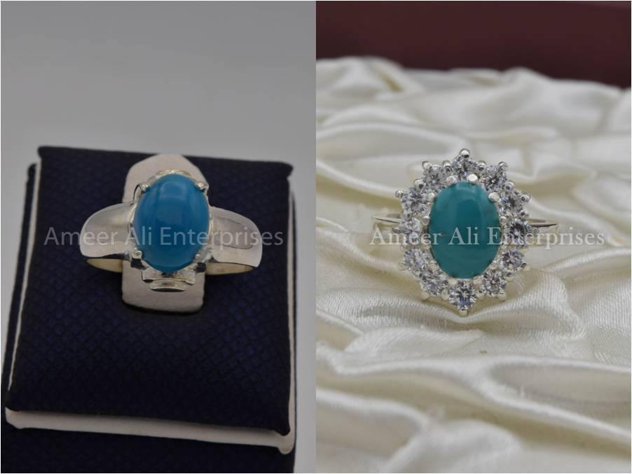 Silver Couple Rings: Pair 22,  Stone: Feroza (Turquoise) - AmeerAliEnterprises