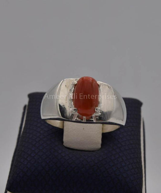 AAE 9941 Chandi Ring 925, Stone: Marjan (Coral) - AmeerAliEnterprises