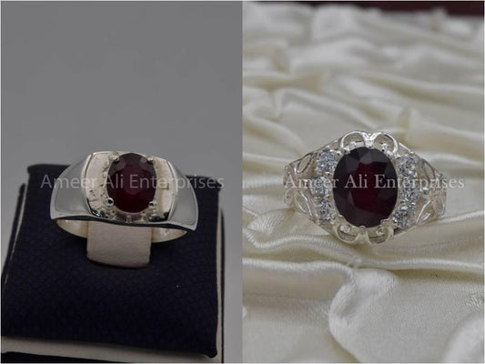 Silver Couple Rings: Pair 70, Stone: Ruby (Yaqoot) - AmeerAliEnterprises