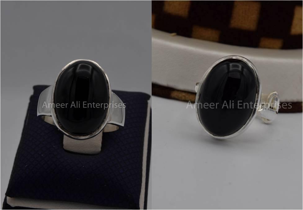 Silver Couple Rings: Pair 19,  Stone: Black Aqeeq (Agate) - AmeerAliEnterprises