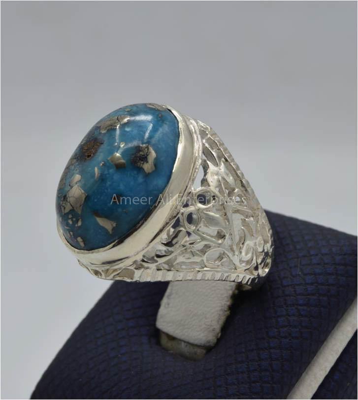 AAE 5904 Chandi Ring 925, Stone: Shajri Feroza (Turquoise) - AmeerAliEnterprises